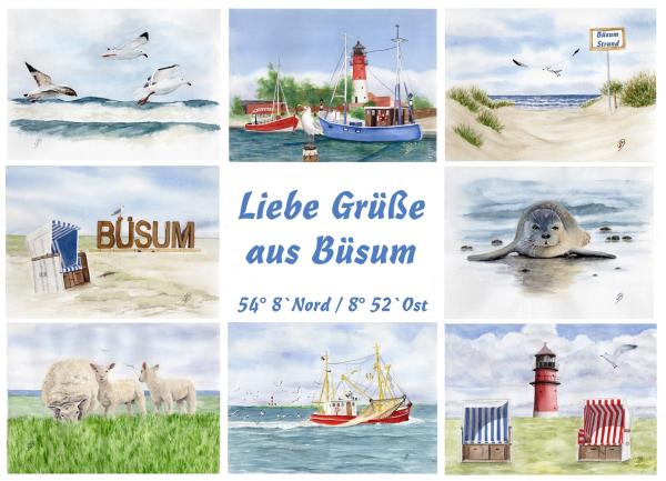 Poster DIN-A3 Aquarell Maritim Kunst Druck Kunstdruck Nordsee Büsum Collage Strandkorb Leuchtturm Hafen Strand Meer